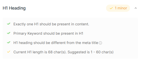 Captură de ecran a Optimizării titlurilor H1 în Optimizatorul de conținut Scalenut