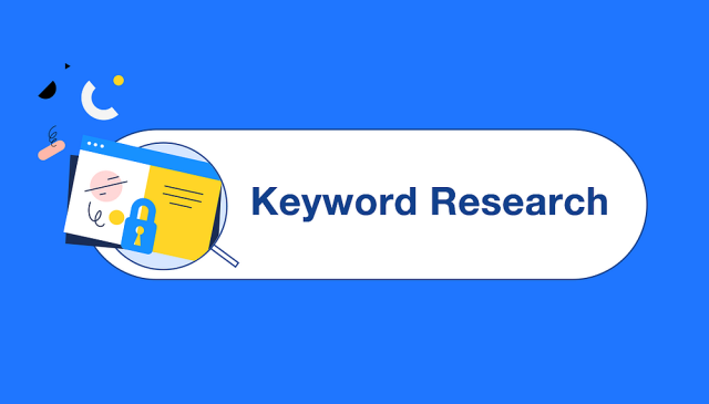 青色の背景に、保護された Web ページとそこに書かれた Keyword Research を示す白い長方形のボックスと丸い角のグラフィック表現