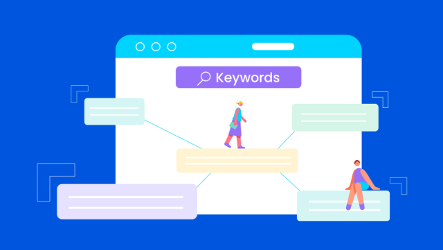 青色の背景に、角が丸い紫色の長方形のボックスにキーワードが書かれた Web ページの視覚的表現と、関連するトピック クラスターに立っている人や座っている人のイラスト