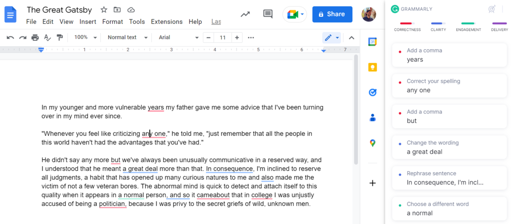 Capture d'écran de l'extension de Grammarly fonctionnant avec Google Docs