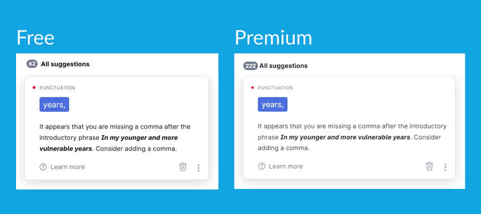 Capture d'écran montrant la quantité différente de commentaires de Grammarly Free et Premium