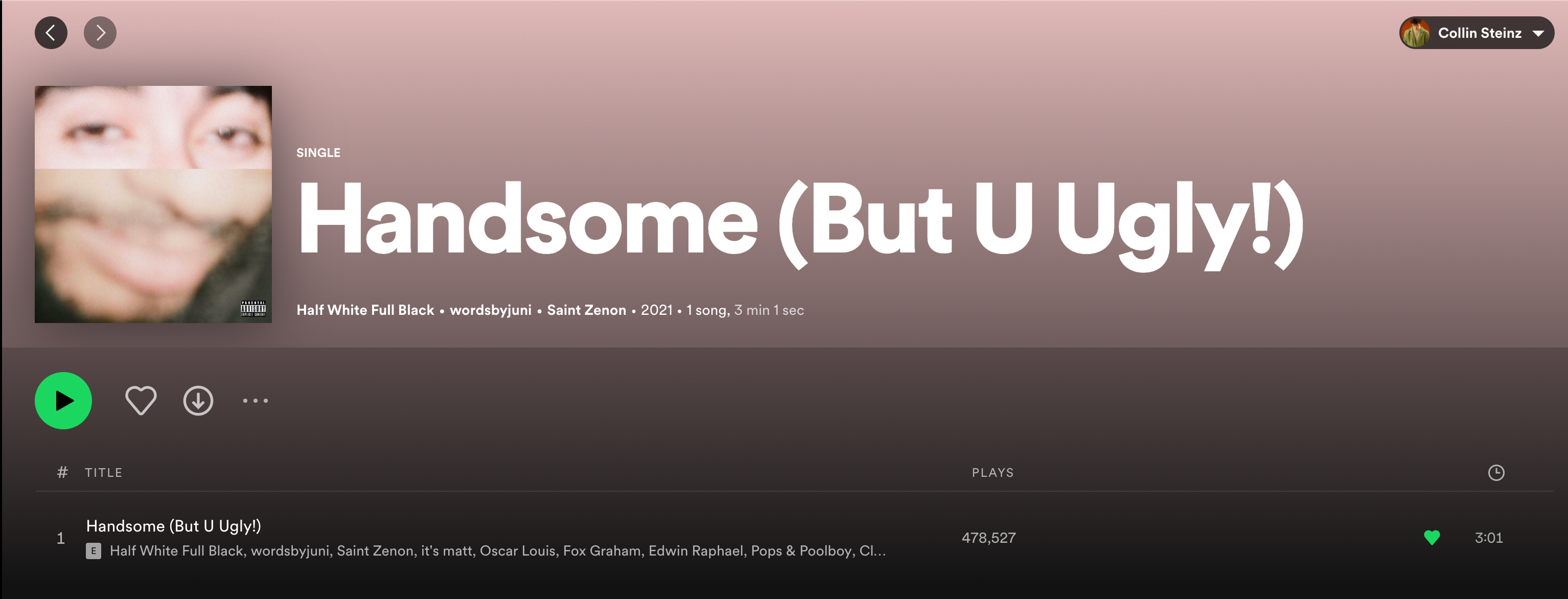 Captura de tela do single 'Handsome (But Ugly)' do artista Saint Zenon no Spotify