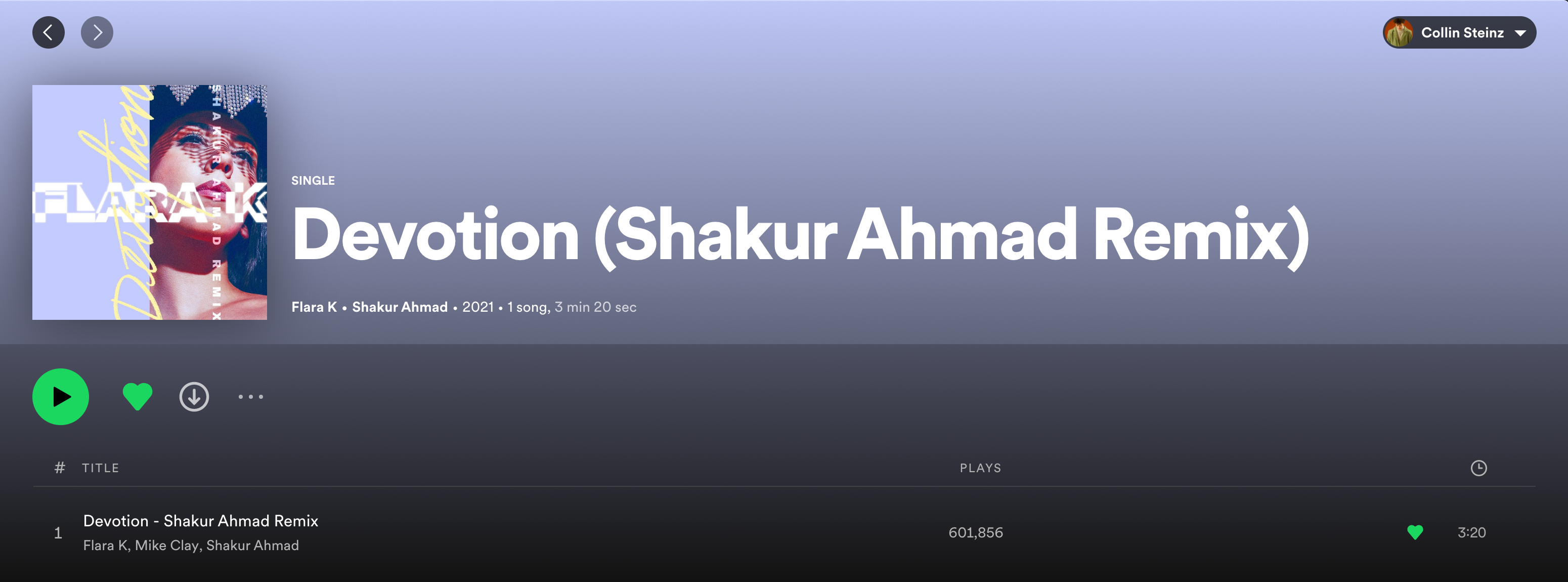 Captura de tela do single 'Devotion (Shakur Ahmad Remix)' do artista Flara K no Spotify