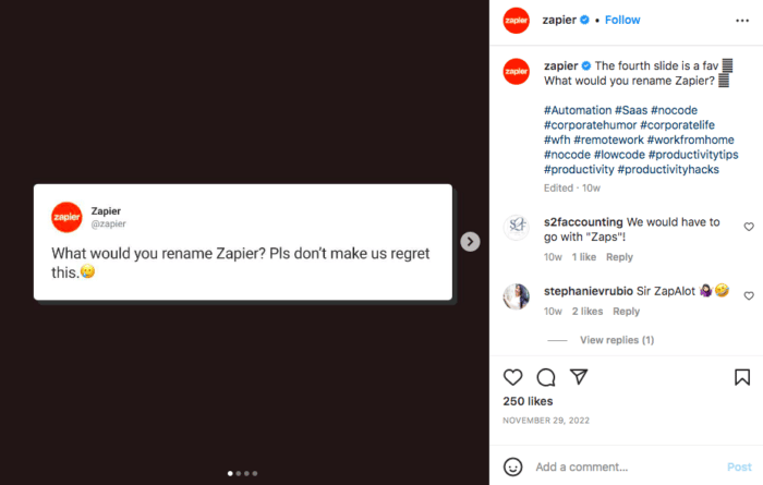 foto game penggantian nama merek Zapier di instagram