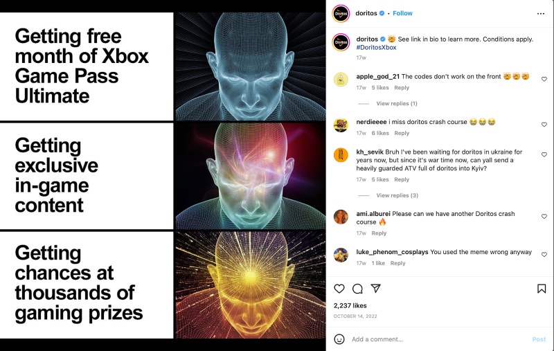 Xbox 파트너십을 위한 Instagram의 Doritos 브랜드 밈