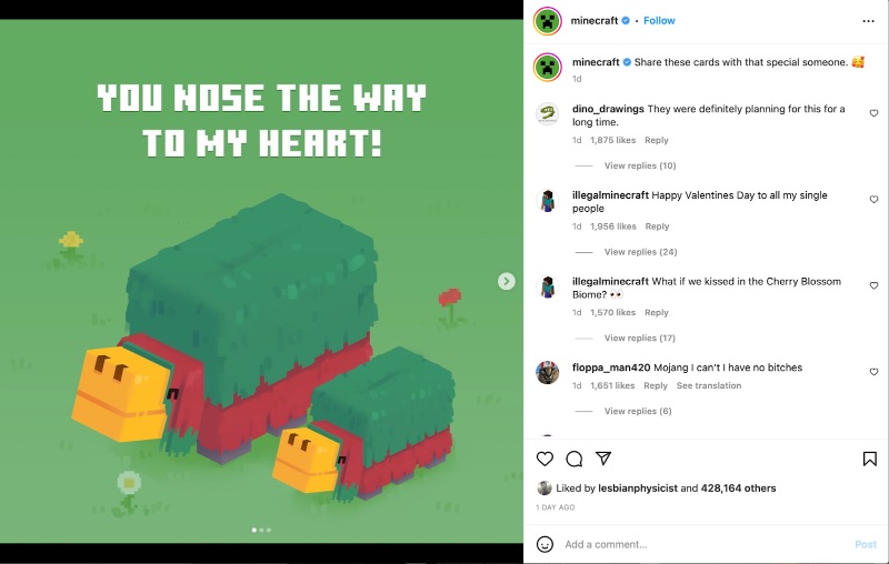 Instagram의 Minecraft 발렌타인 데이 브랜드 밈