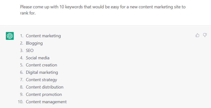 chatgpt liste de mots-clés suggérée