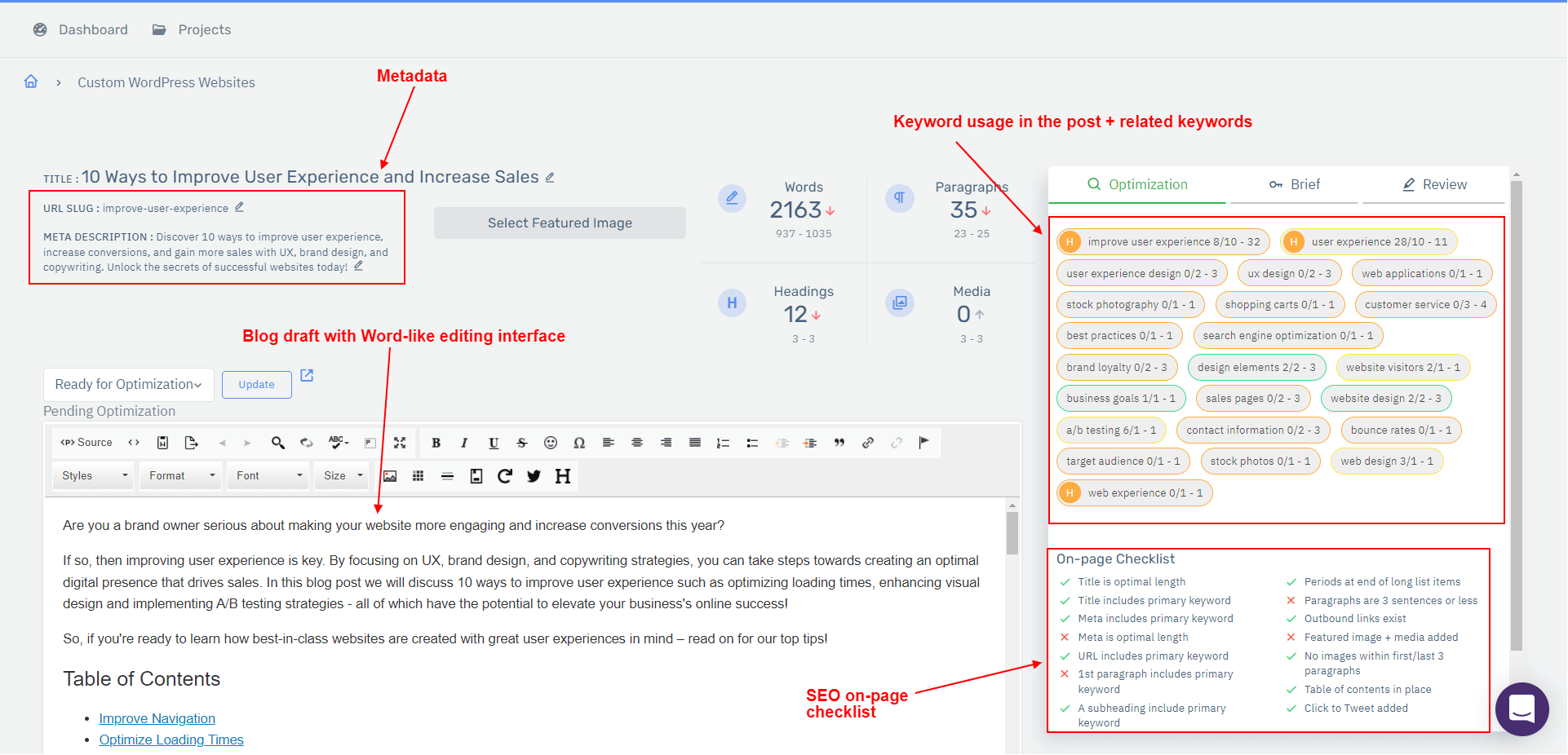 contenuto su scala - pagina di modifica del contenuto