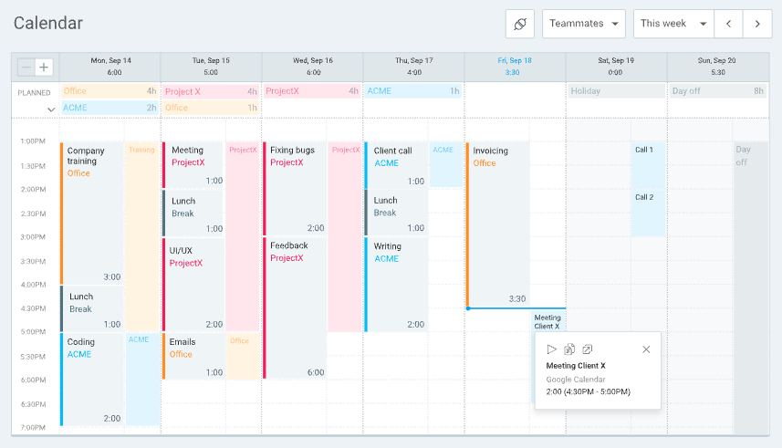 Calendário Clockify