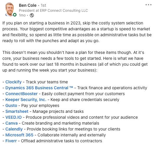 Postagem do LinkedIn de Ben Cole