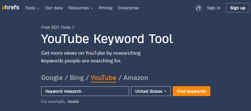 Strumento per le parole chiave YouTube di Ahrefs
