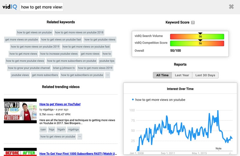 VidIQ Ricerca per parole chiave su YouTube