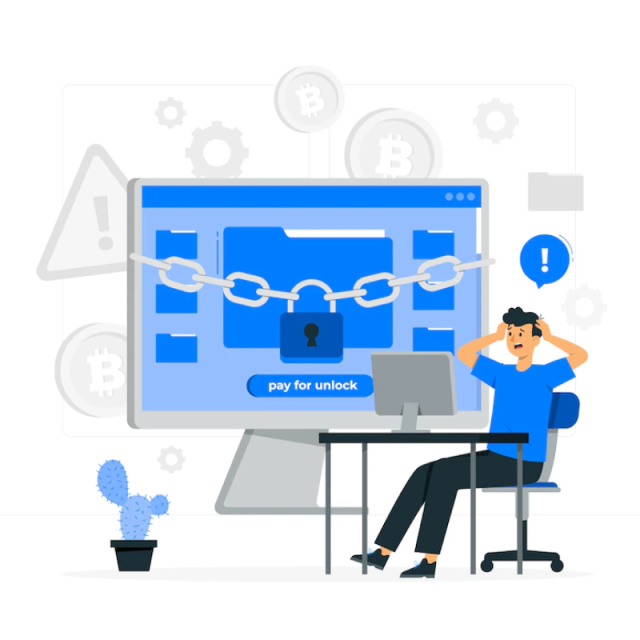 homem de camisa azul e calça preta em pânico com violações de dados, tela da área de trabalho mostrando ilustração de corrente bloqueada