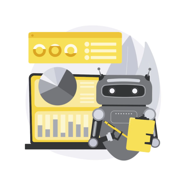 robot con appunti e laptop che mostra pubblicità programmatica e dati ppc attraverso grafici e diagrammi