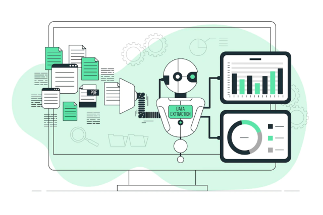 Ilustrație robot de extragere a datelor pentru publicitate programatică - monitoare tablete care afișează bare și grafice circulare în dreapta și fișiere în stânga