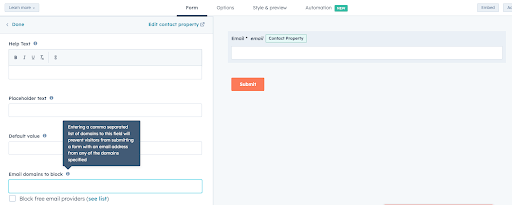 bloccare i provider di posta elettronica gratuiti nei moduli hubspot