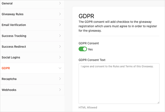 giveaway GDPR settings