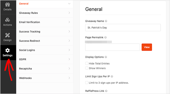 RafflePress giveaway general settings