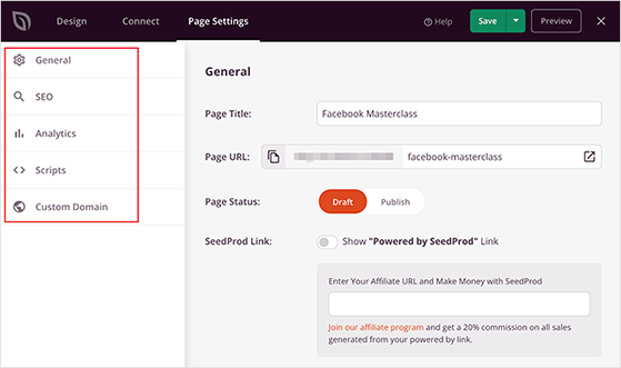 SeedProd landing page settings