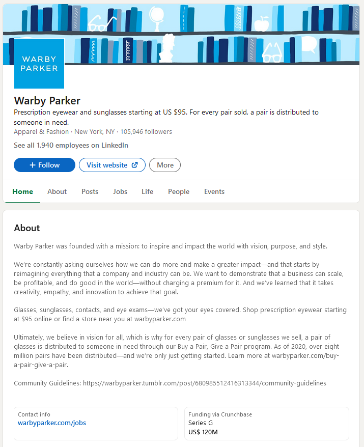 Cuplikan layar bio perusahaan Warby Parker di Linkedin