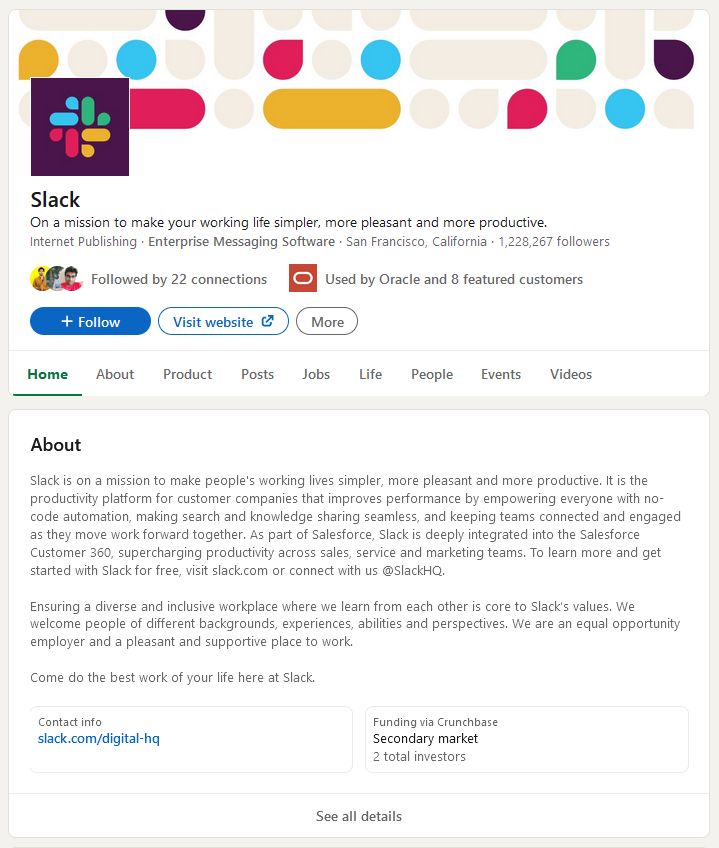 Cuplikan layar bio perusahaan Slack di Linkedin