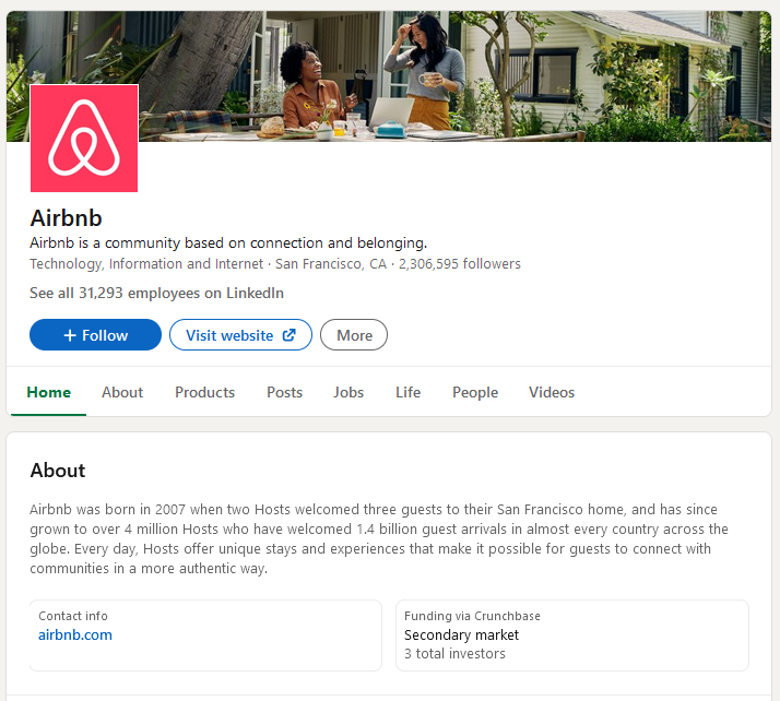 Tangkapan layar bio perusahaan Airbnb di Linkedin