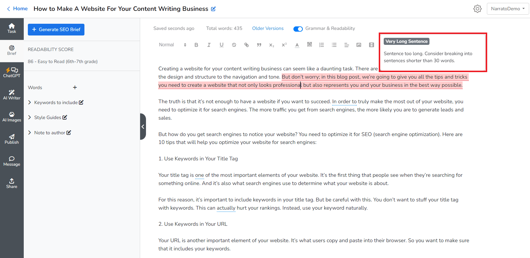 Reestructuración de contenido de IA mediante el asistente de contenido de Narrato AI para detectores de contenido de IA