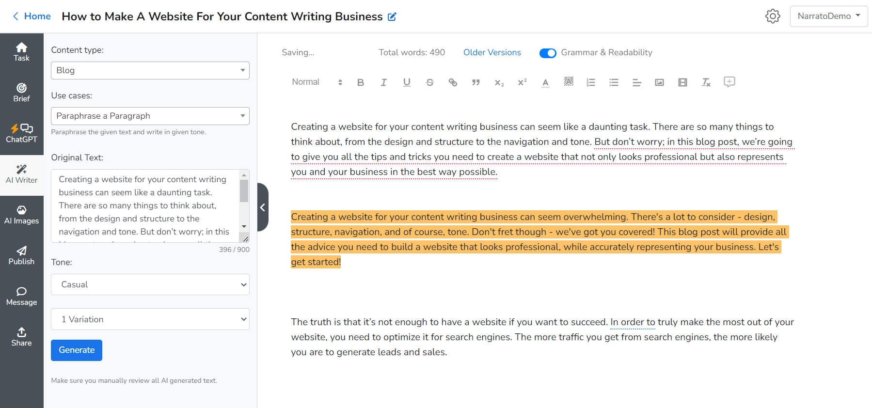 Outil de paraphrase Narrato AI pour déjouer les détecteurs de contenu AI