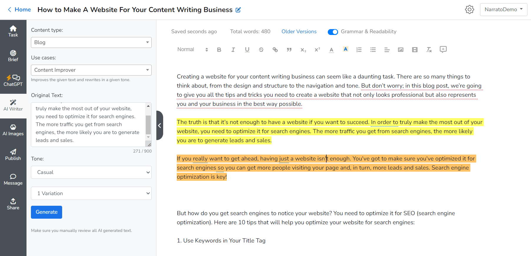 L'outil d'amélioration du contenu de Narrato pour reformuler votre contenu et déjouer les détecteurs de contenu de l'IA