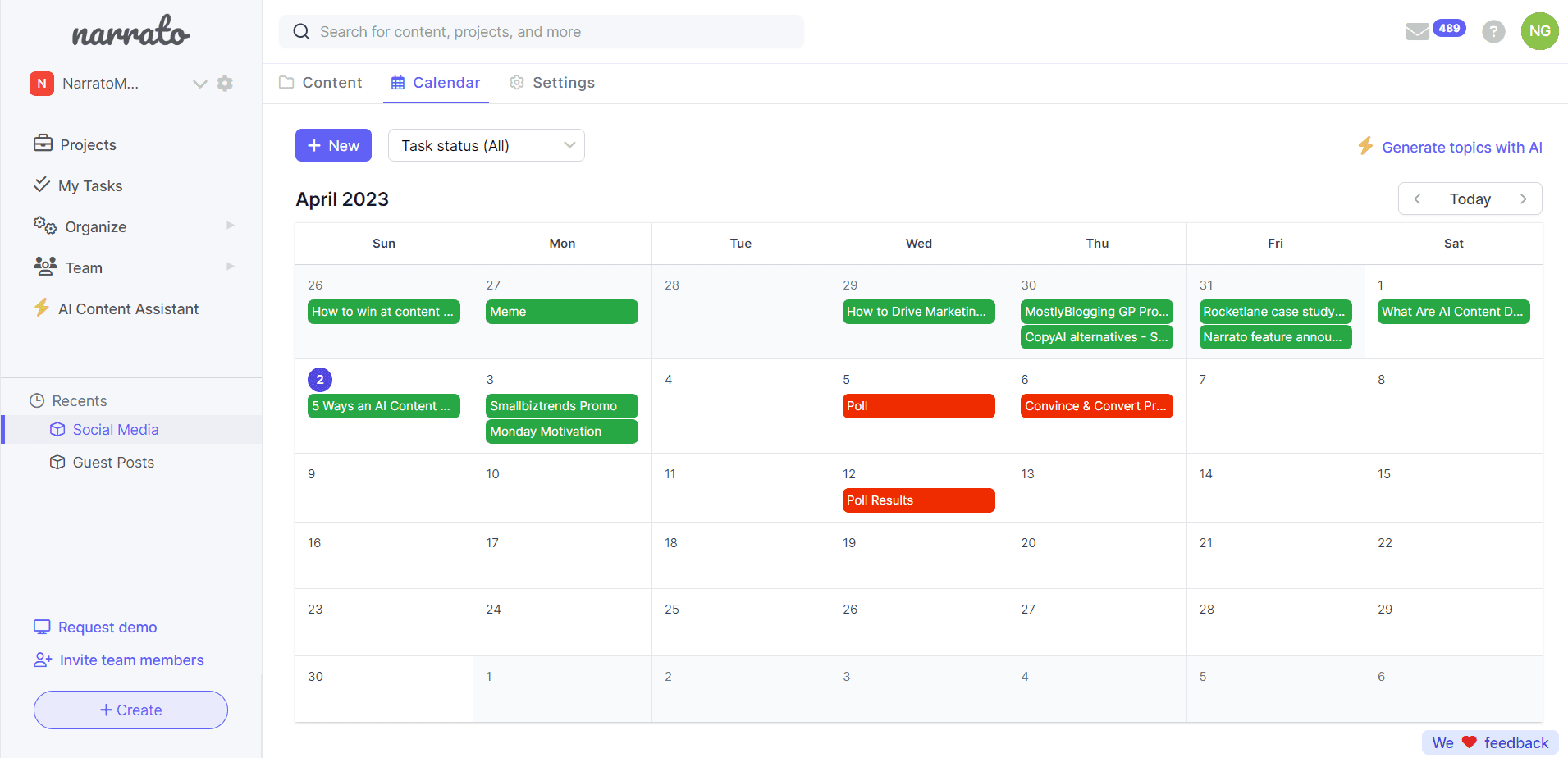 Calendrier de distribution de contenu construit sur Narrato