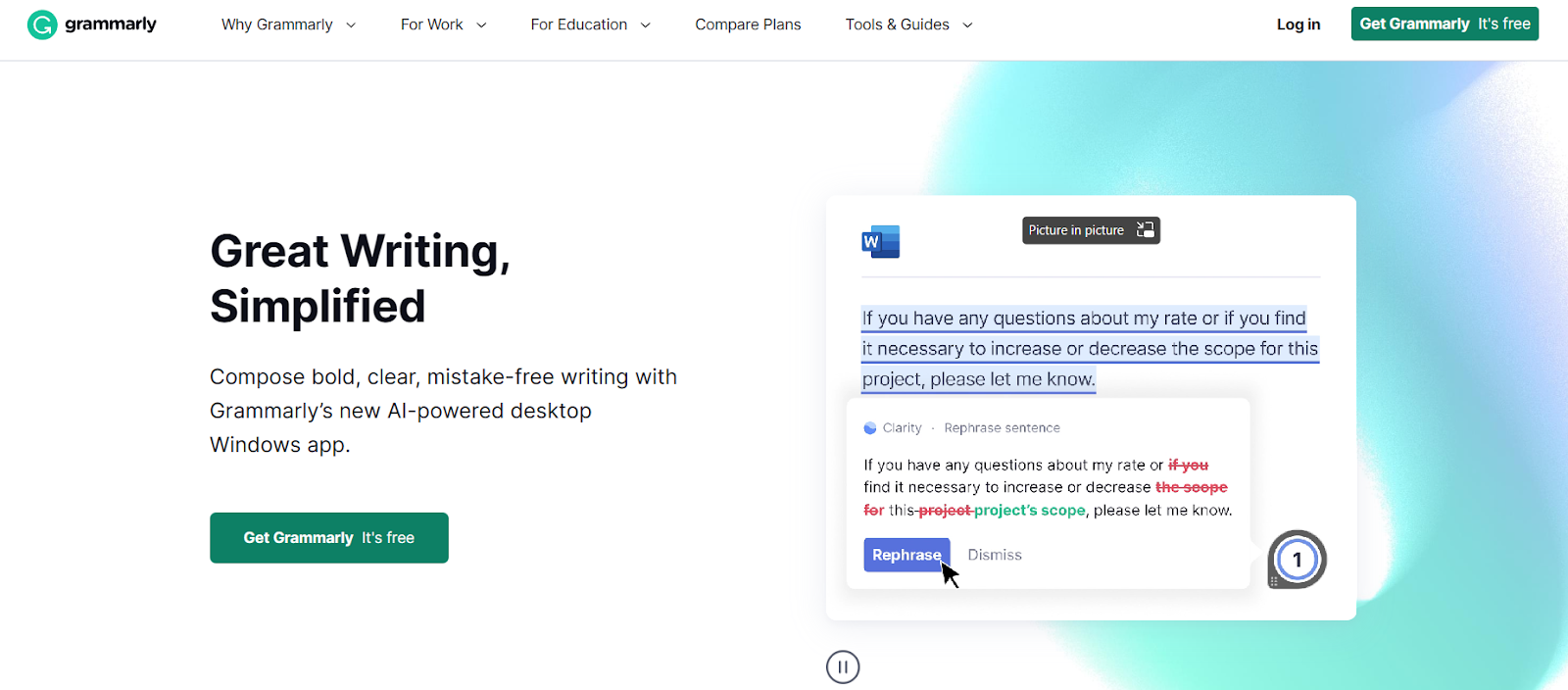 Cuplikan layar beranda Grammarly