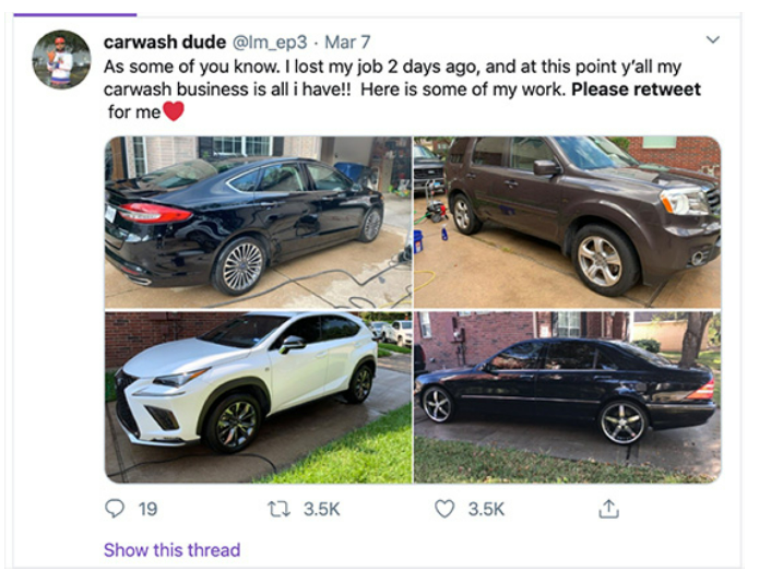 Demande de retweet de Carshwash Dude concernant son entreprise de lavage de voitures