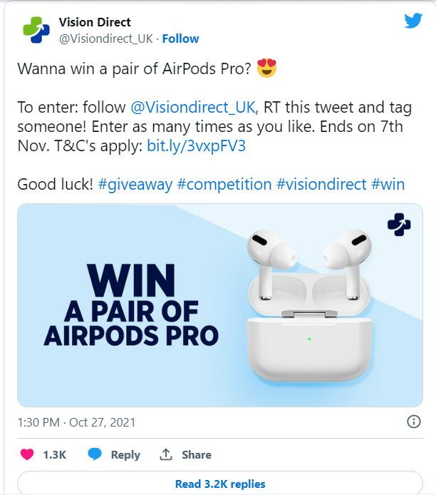 Giveaway virale su Twitter di Vision Direct