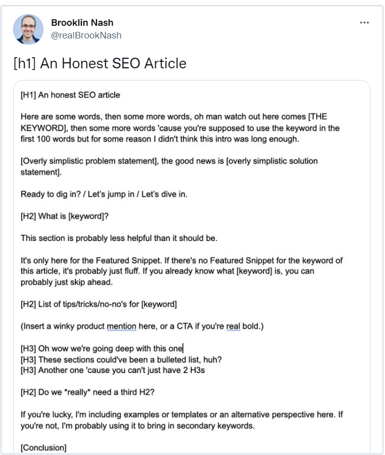 Tweet viral humorístico de Brooklin Nash sobre artigo de SEO honesto