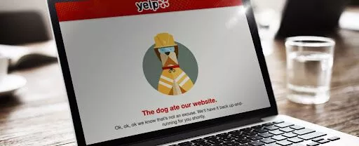 Una computadora portátil en una mesa se abrió en una página de estado vacía de Yelp con una ilustración de un perro con un casco con el texto "El perro se comió nuestro sitio web" a continuación.