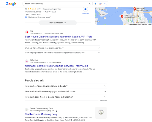 Uma página de resultados do mecanismo de pesquisa para a palavra-chave "limpeza de casas em Seattle"
