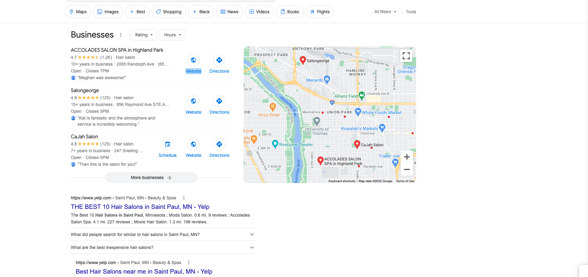 SERP แสดงผลในท้องถิ่นสำหรับการค้นหาร้านทำผมในเซนต์ปอลมินนิโซตา