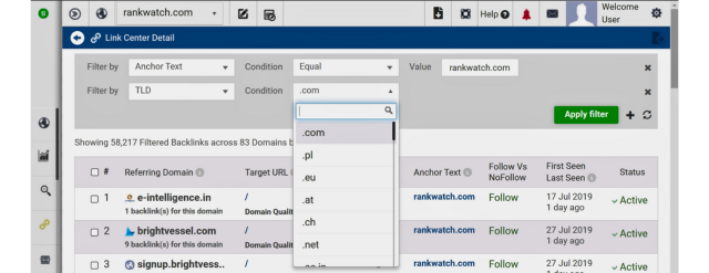 filtra per TLD nella dashboard degli approfondimenti del testo di ancoraggio