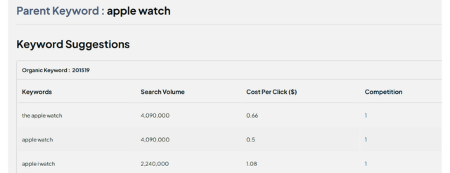 Sezione dei suggerimenti per le parole chiave di RankWatch