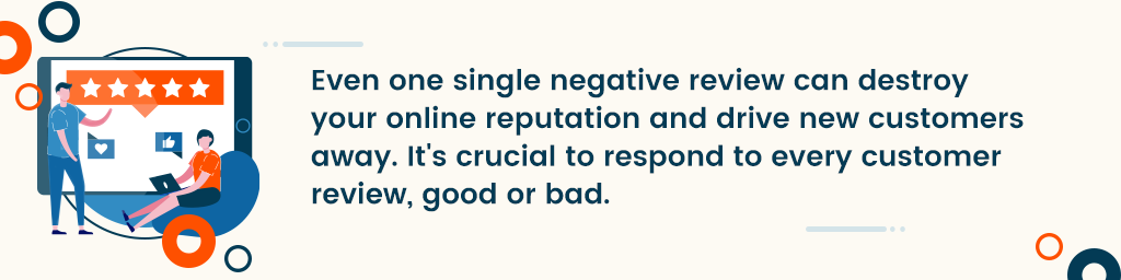 Tek bir olumsuz yorum bile çevrimiçi itibarınızı yok edebilir ve yeni müşterileri uzaklaştırabilir yazan bir dikdörtgen. İyi ya da kötü her müşteri incelemesine yanıt vermek çok önemlidir.