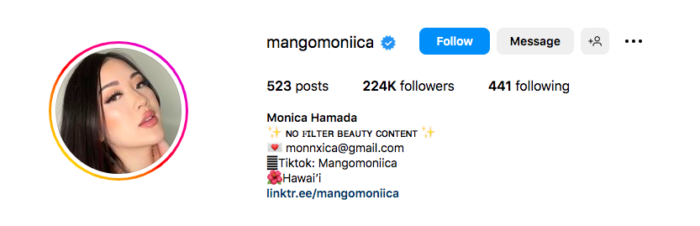 captura de tela do perfil do instagram do influenciador mangomoniica