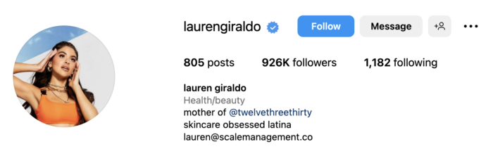 laurengiraldo macro-influencer captură de ecran profil instagram