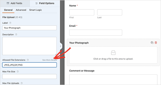 File upload field settings