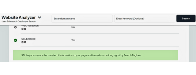 แสดงตัวอย่างการรับรอง SSL เครื่องมือวิเคราะห์เว็บไซต์ของ RankWatch