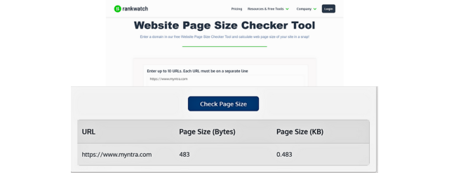 ตัวตรวจสอบขนาดหน้าเว็บไซต์ของ RankWatch