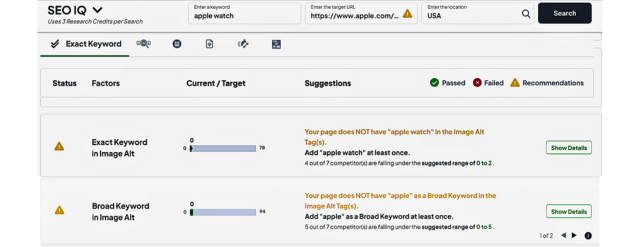 คำแนะนำข้อความแสดงแทน SEO IQ ของ RankWatch