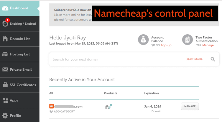 Namecheap's control panel