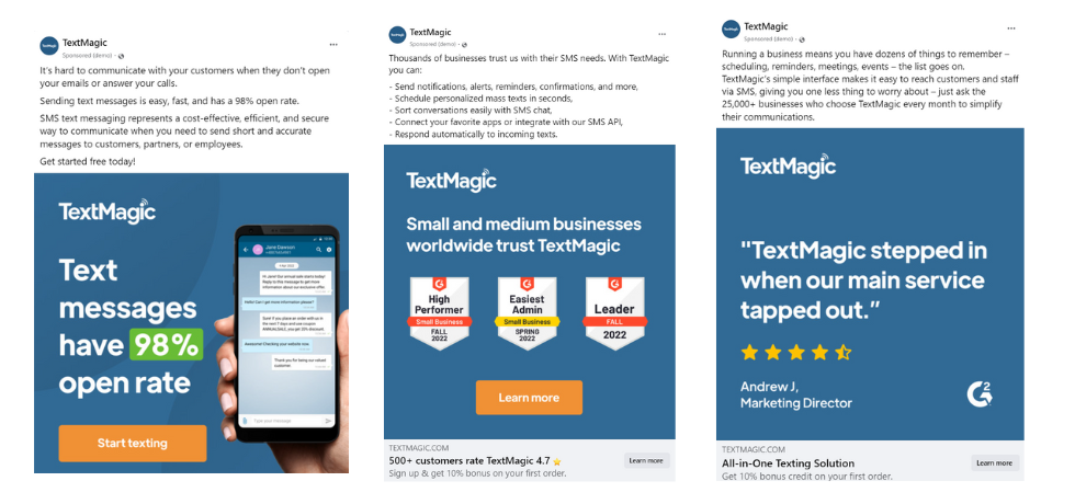 ejemplos de anuncios de facebook de Textmagic