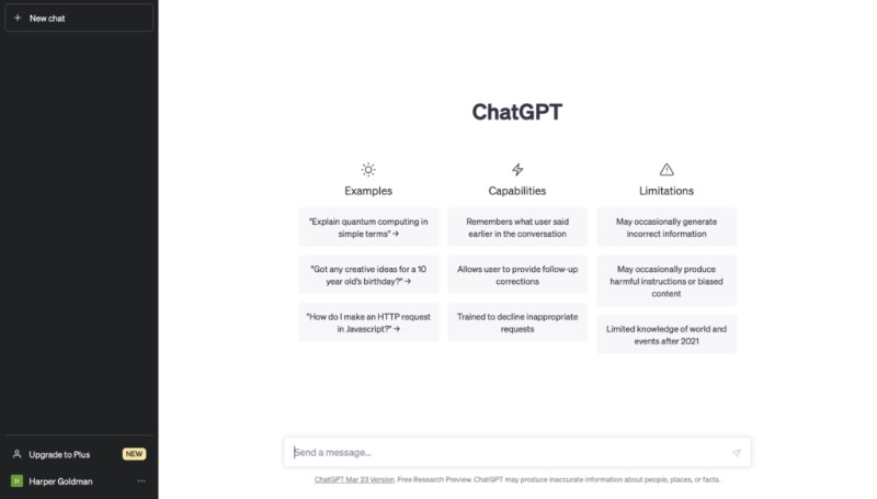 Captura de tela do aplicativo da web ChatGPT