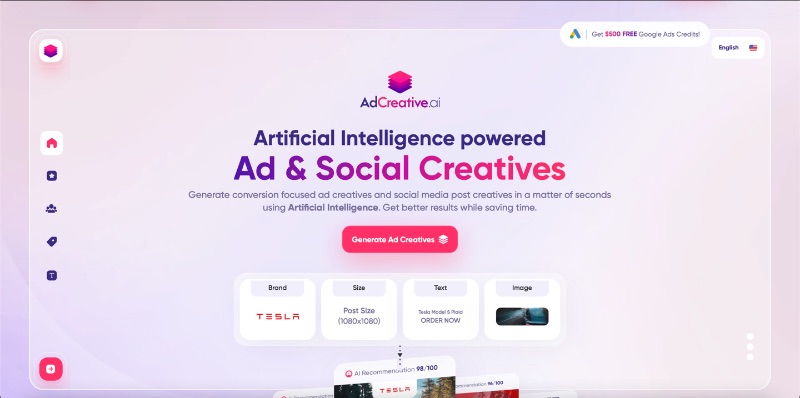 Captura de tela do site de criação de conteúdo AdCreative.ai